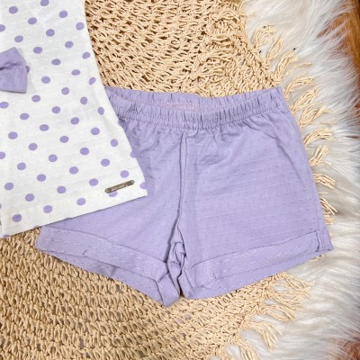 Conj. Blusa Bolinhas com Laço e Short - Lilás e Branco